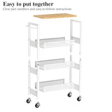 Utility Slim Storage Cart, 4 Tier Small Rolling Kitchen Laundry Room Cart with Wood Top, Metal Narrow Bathroom Storage Cabinet Mobile Shelf Unit Organizer Trolley with Handle for Narrow Space
